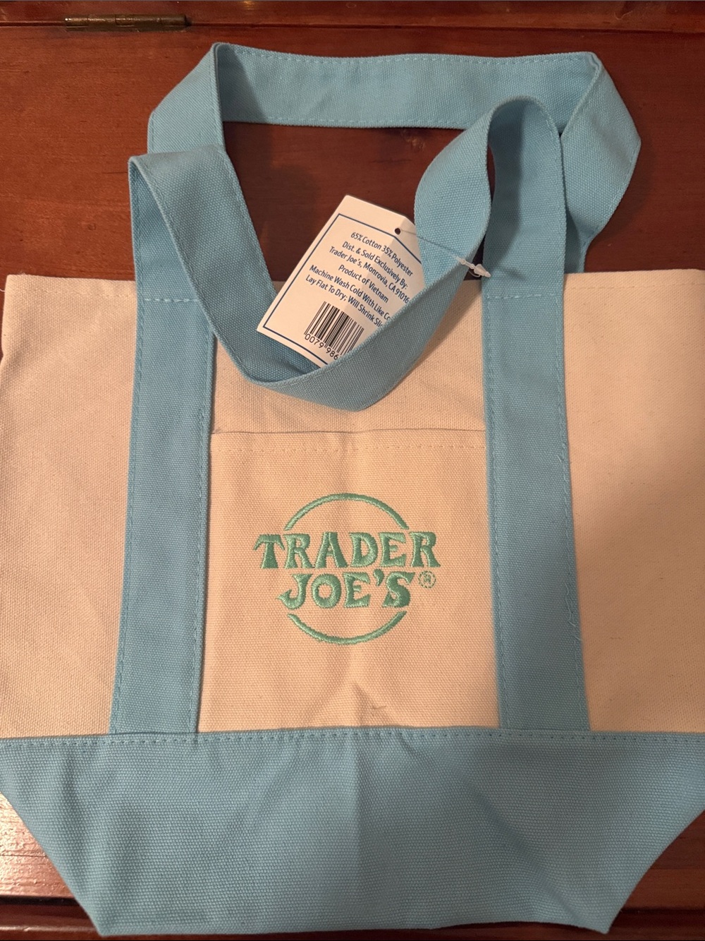Trader Joe's Cream and Light Blue Canvas Tote